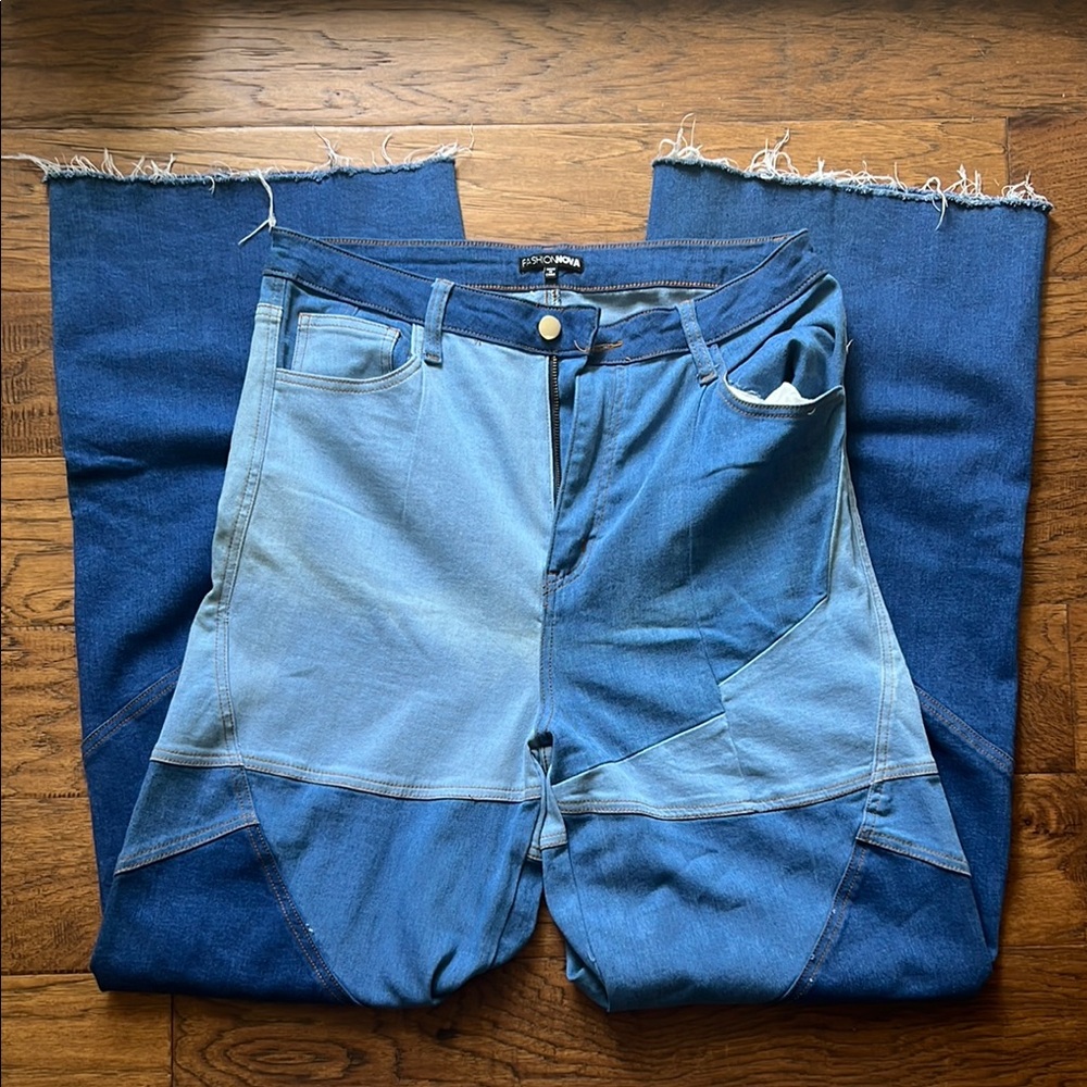 Women’s Patchwork Blue Wide Leg Jeans